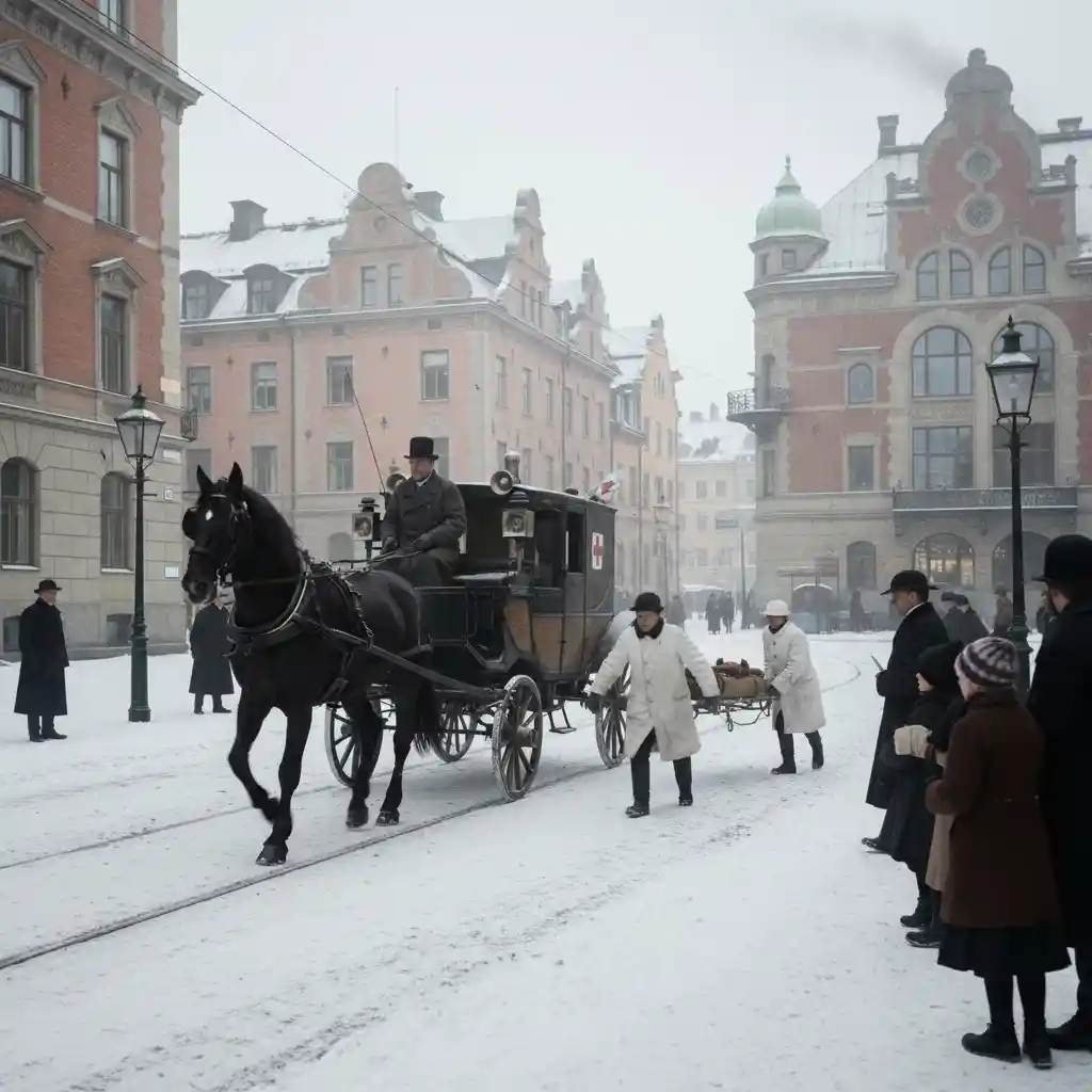 Horse drawn ambulance on a snowy early twentieth century street