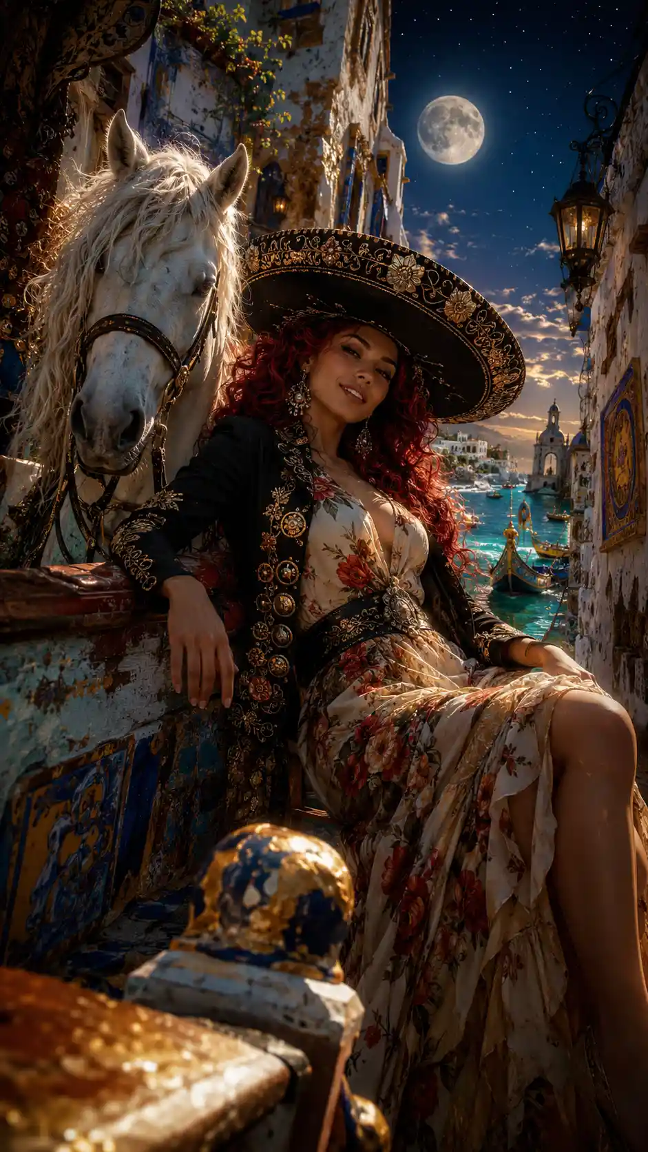 Elegant woman on balcony above surreal seaside alley