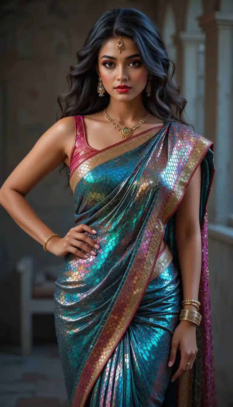 Tamil woman in reflective saree bending at the waist