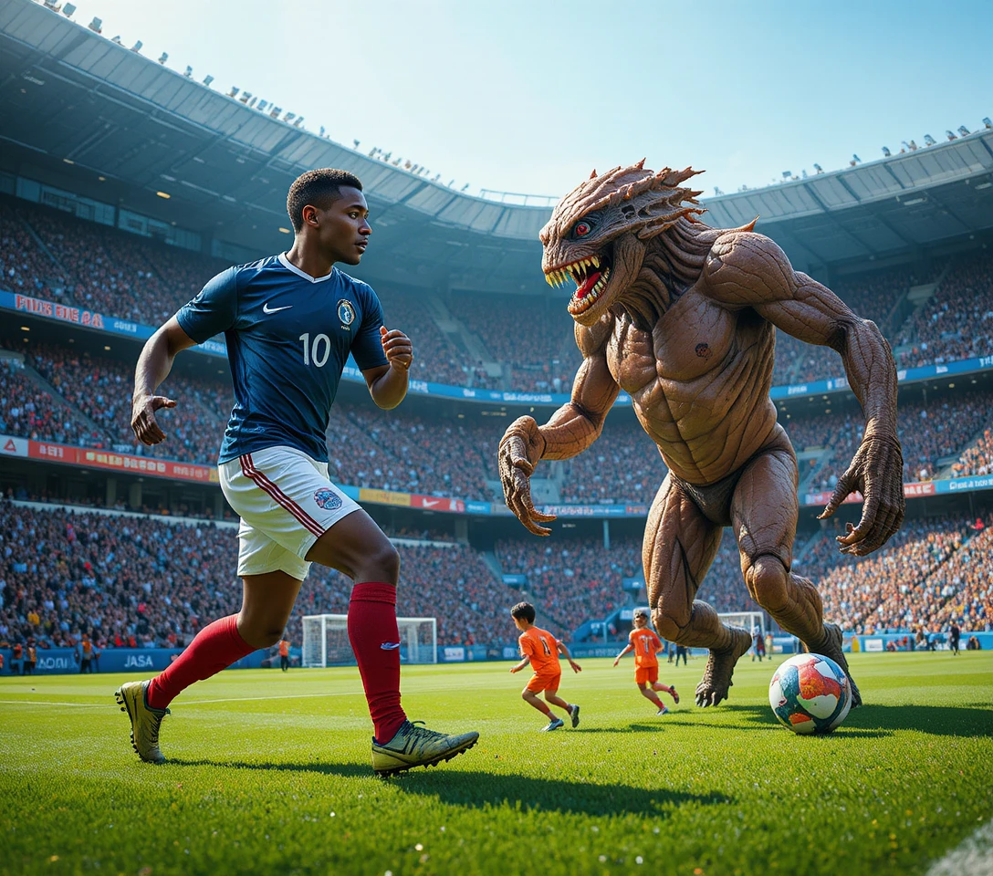 Surreal wide shot of soccer player facing monstrous ball