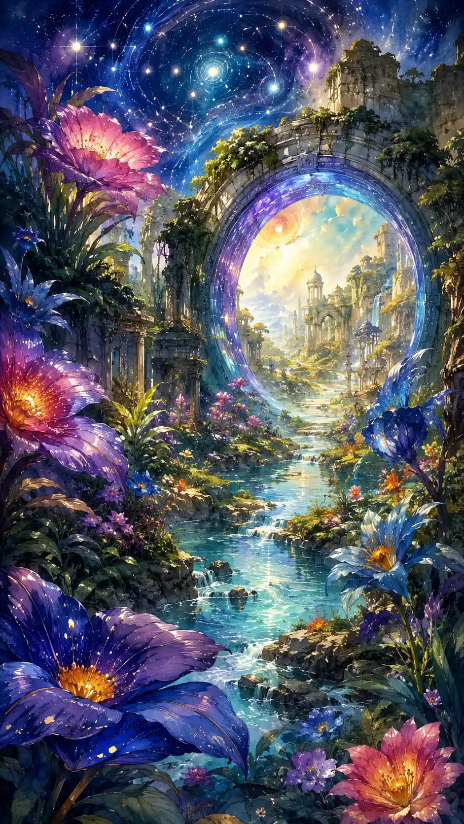 Ancient magical garden with alien plants and glowing portal