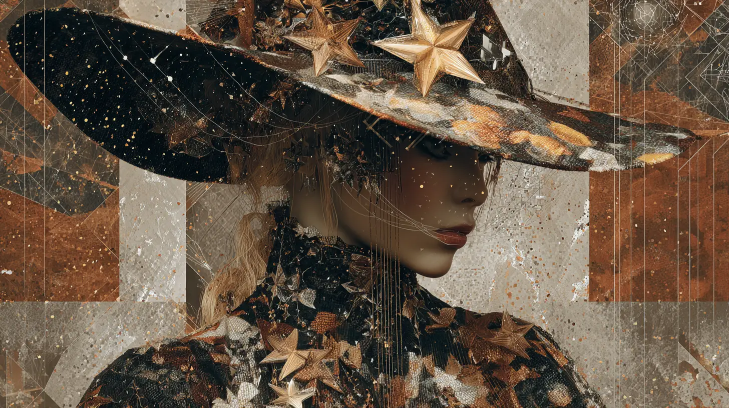 Strega stilizzata con ampio cappello celestiale in arte anime