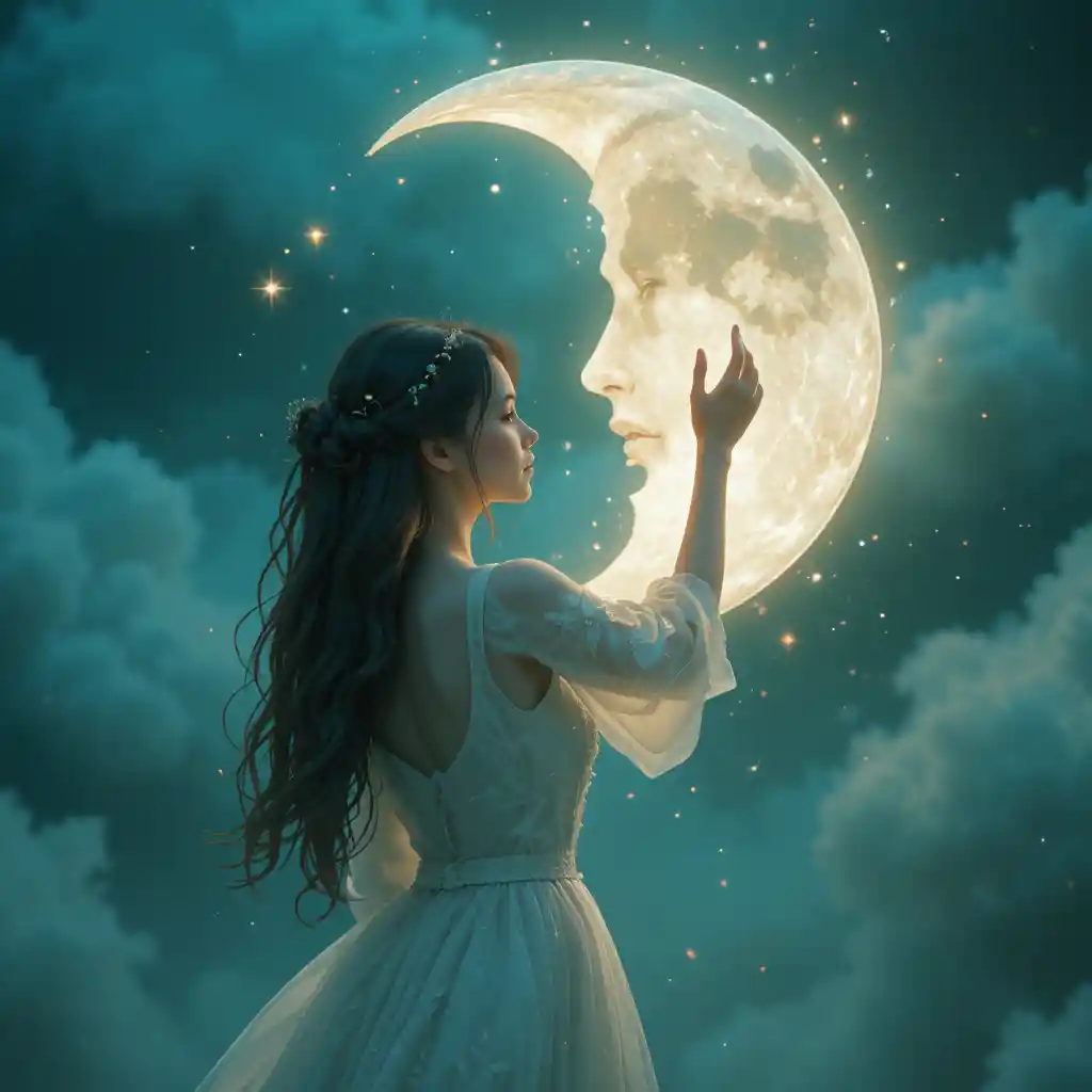 Girl In White Dress Reaching For A Human Faced Moon