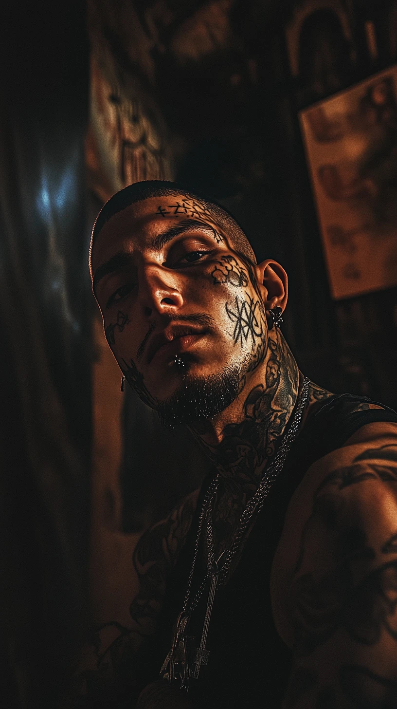 Tattooed man showing proof with confident street attitude