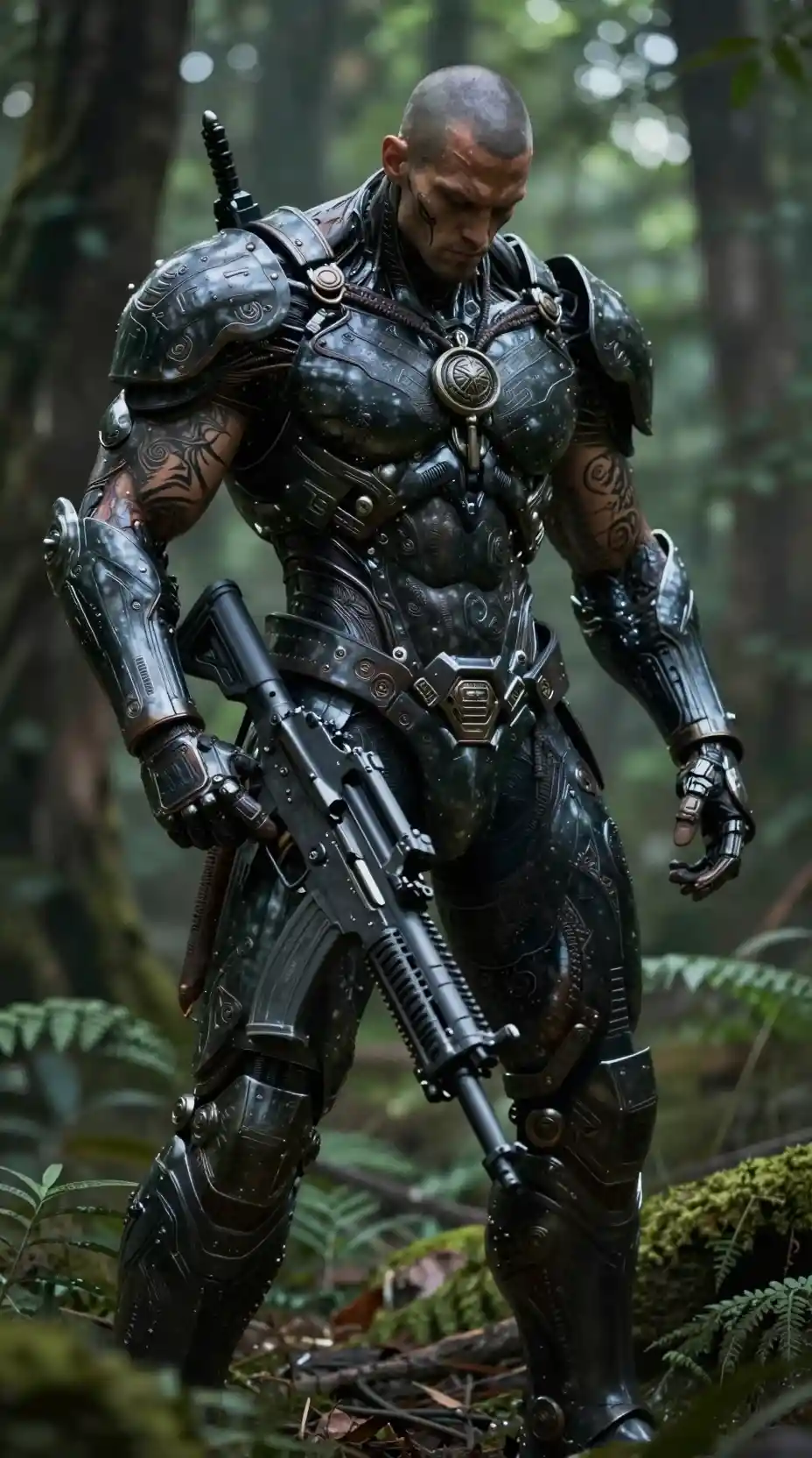 Futuristic armored warrior holding rifle in shadowy forest