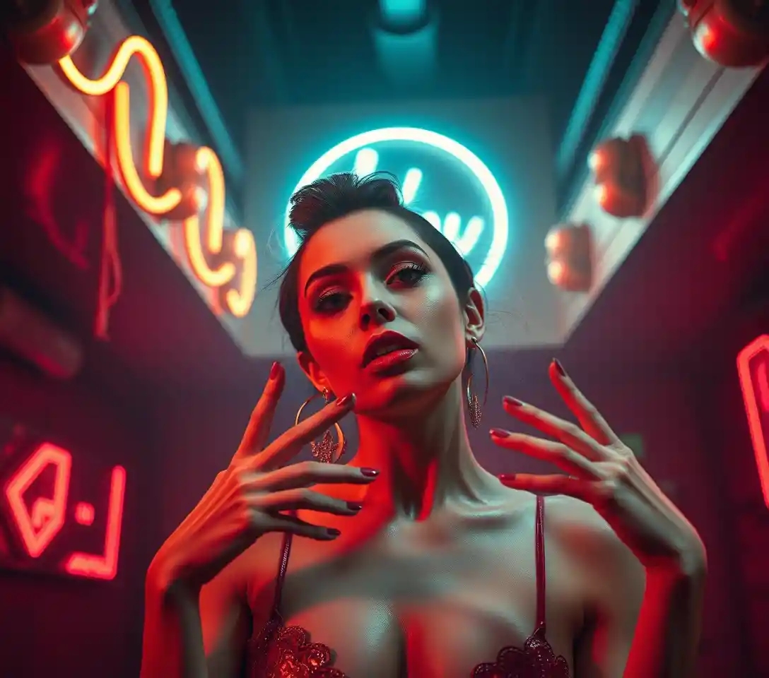 Woman under neon light in surreal comic horror scene