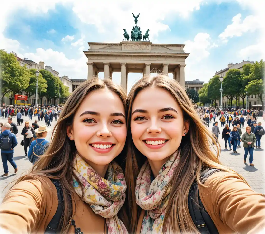 Due donne gioiose che si fanno un selfie vicino a un monumento storico