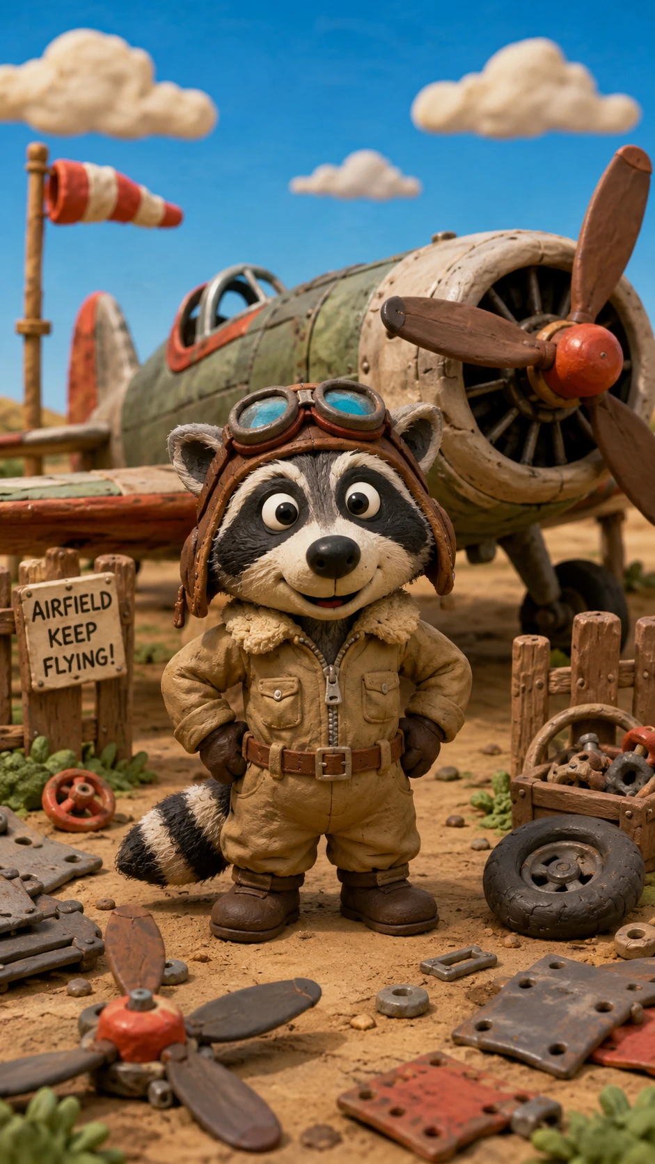 Cheerful Clay Raccoon Pilot With Antique Airplane