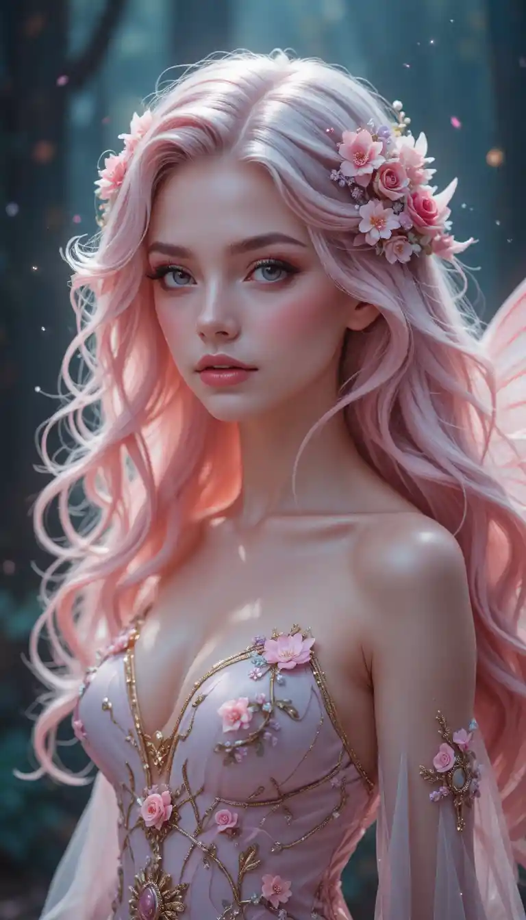 Young pink haired fairy healer girl with glowing wings