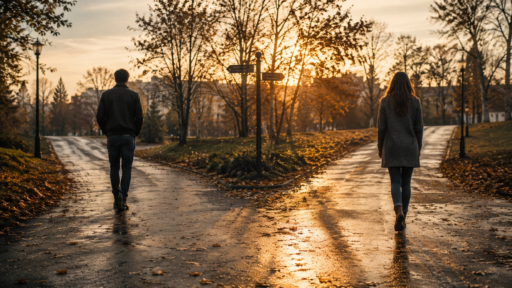 Couple walking apart at a quiet crossroads at sunset