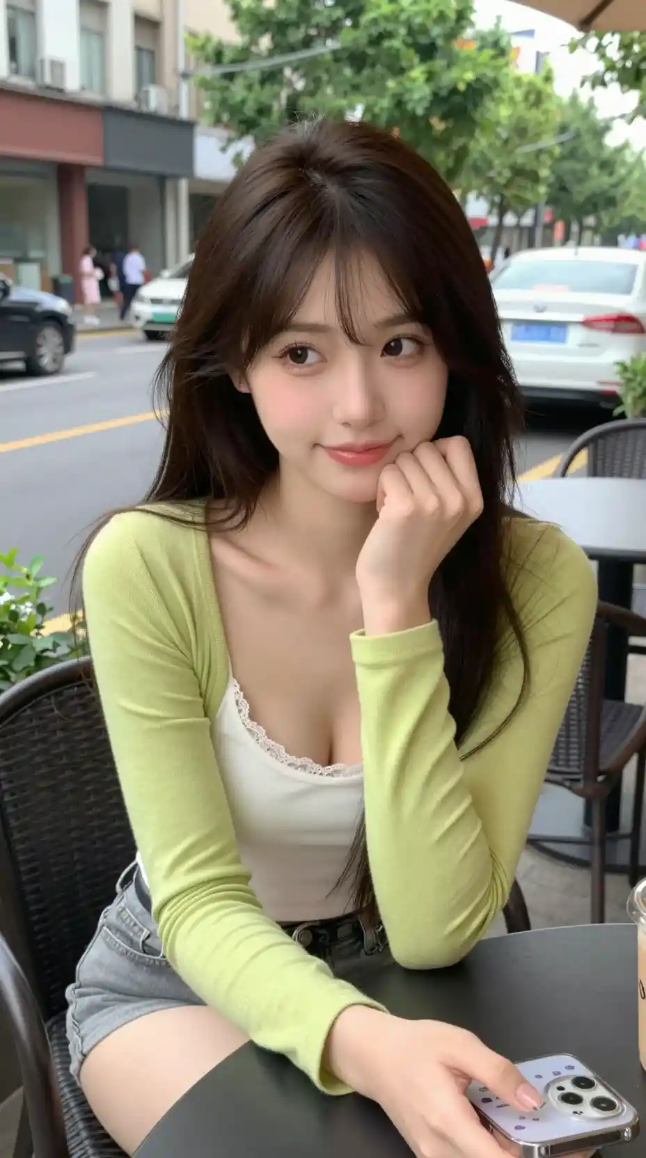 Playful young woman at outdoor cafe looking up