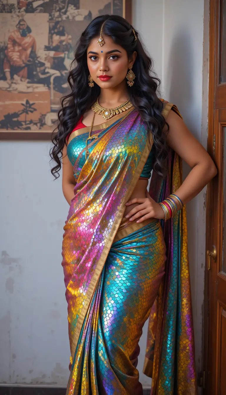 Donna indiana in sari a specchio lucido che si appoggia e posa in interno