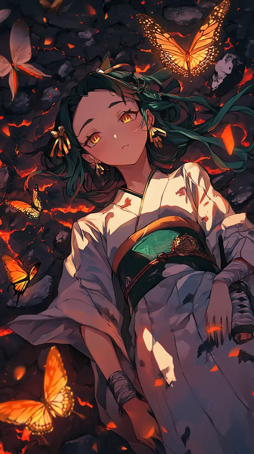 Anime girl lying in lava under a dark red moonlit sky