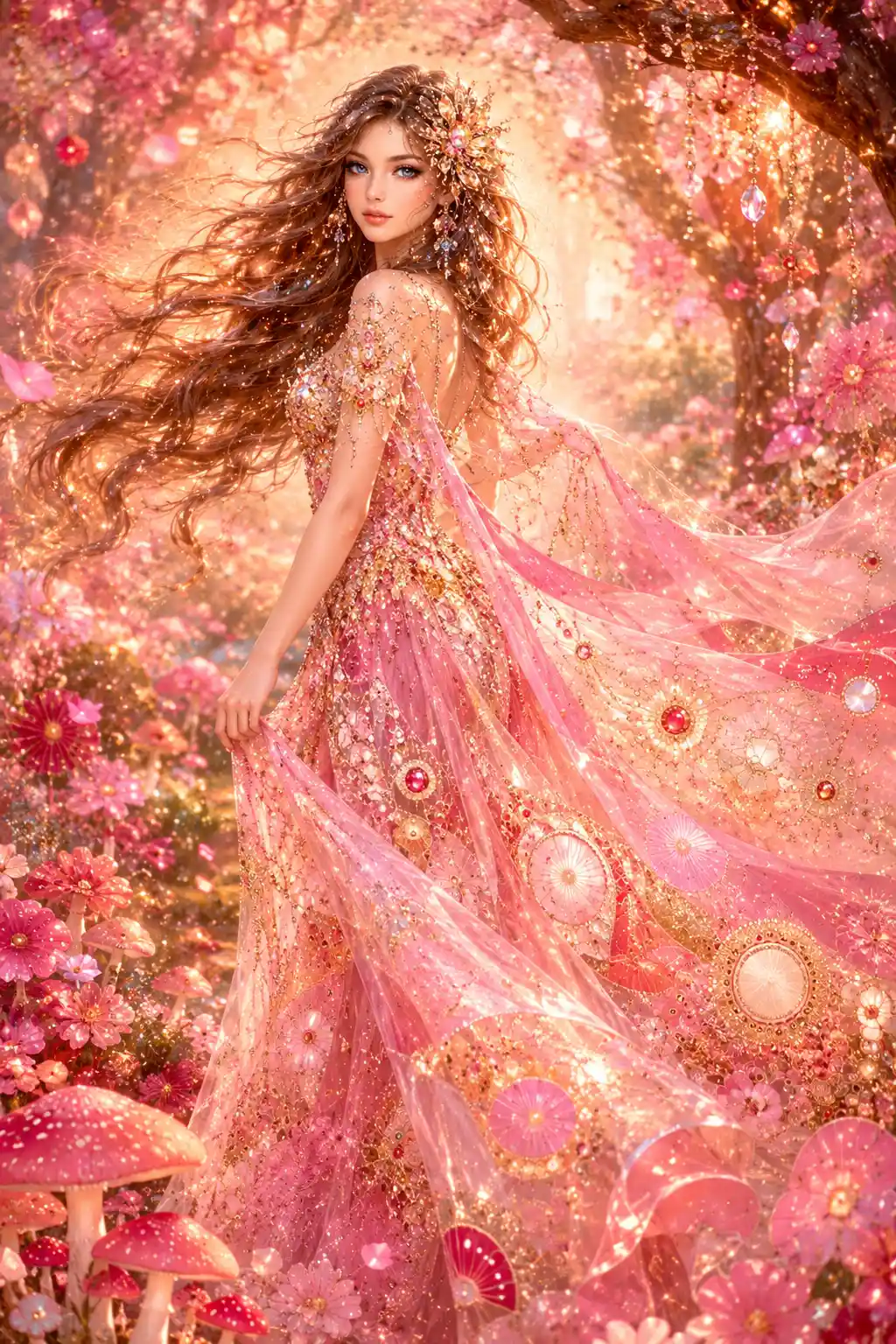 Beautiful woman standing in a windy garden full body