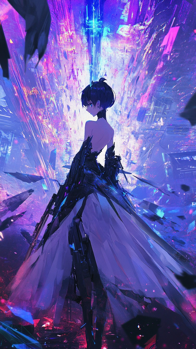 Fille d’anime avec fusil dans un monde de triangles brisés