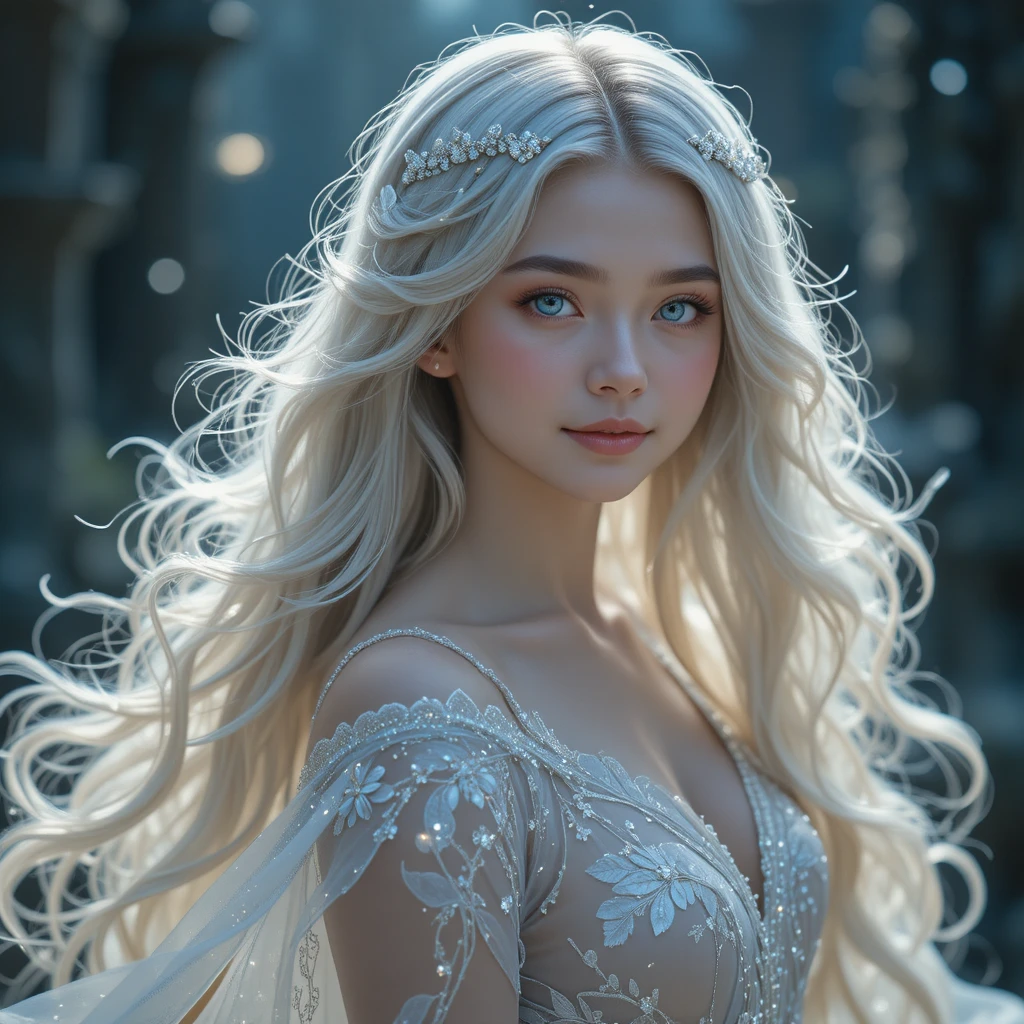 Silver haired fantasy princess in a star embroidered gown