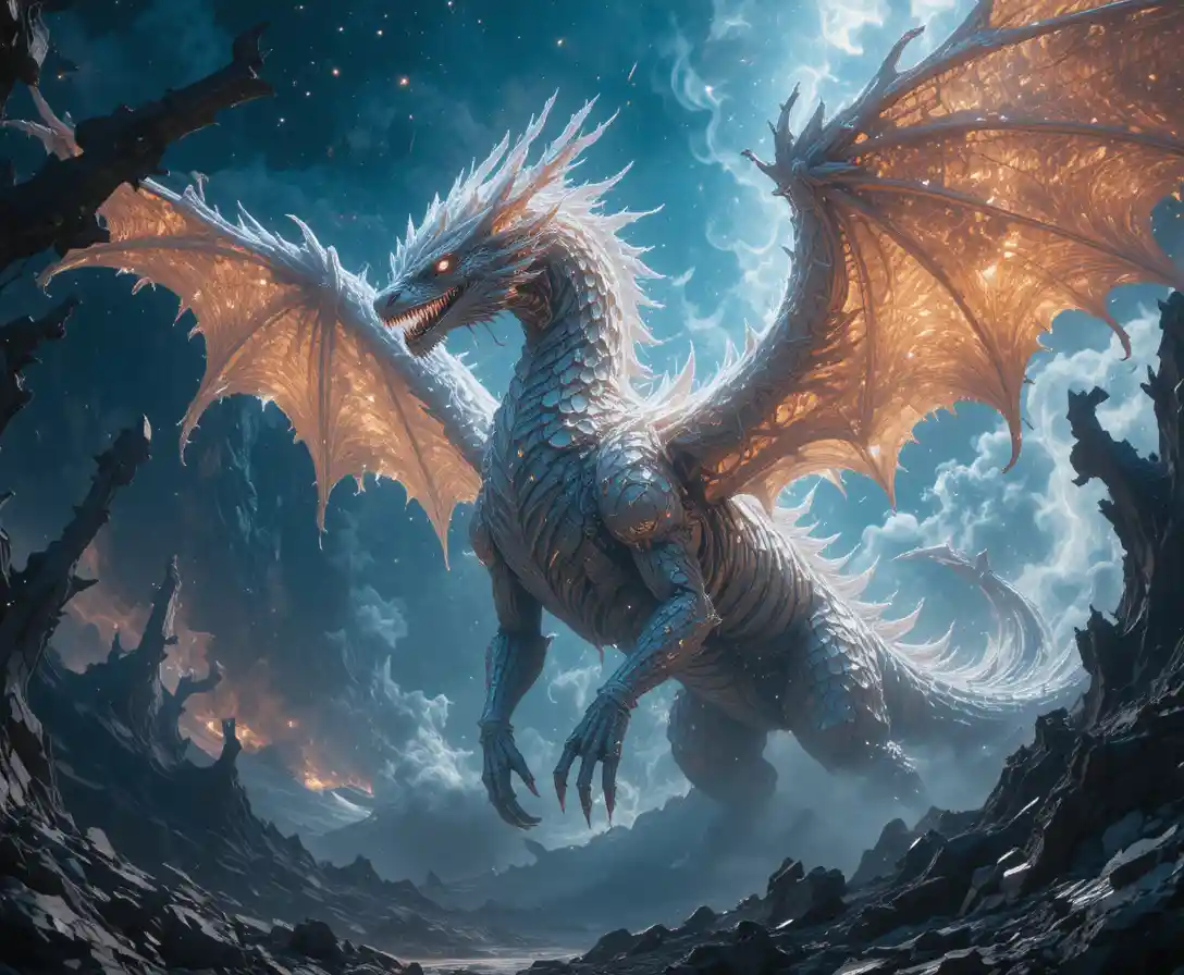 Crystal cosmic dragon soaring through a fractured nebula