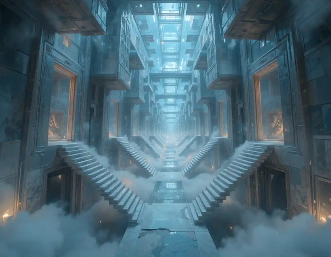 Surreal impossible architecture with folding stairs and mirrors