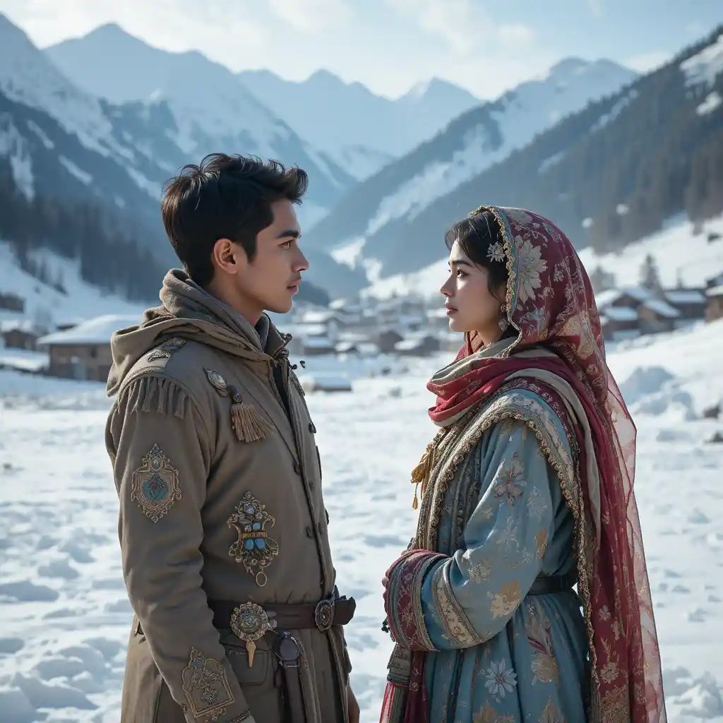 Young couple in snowy Pakistani mountain valley