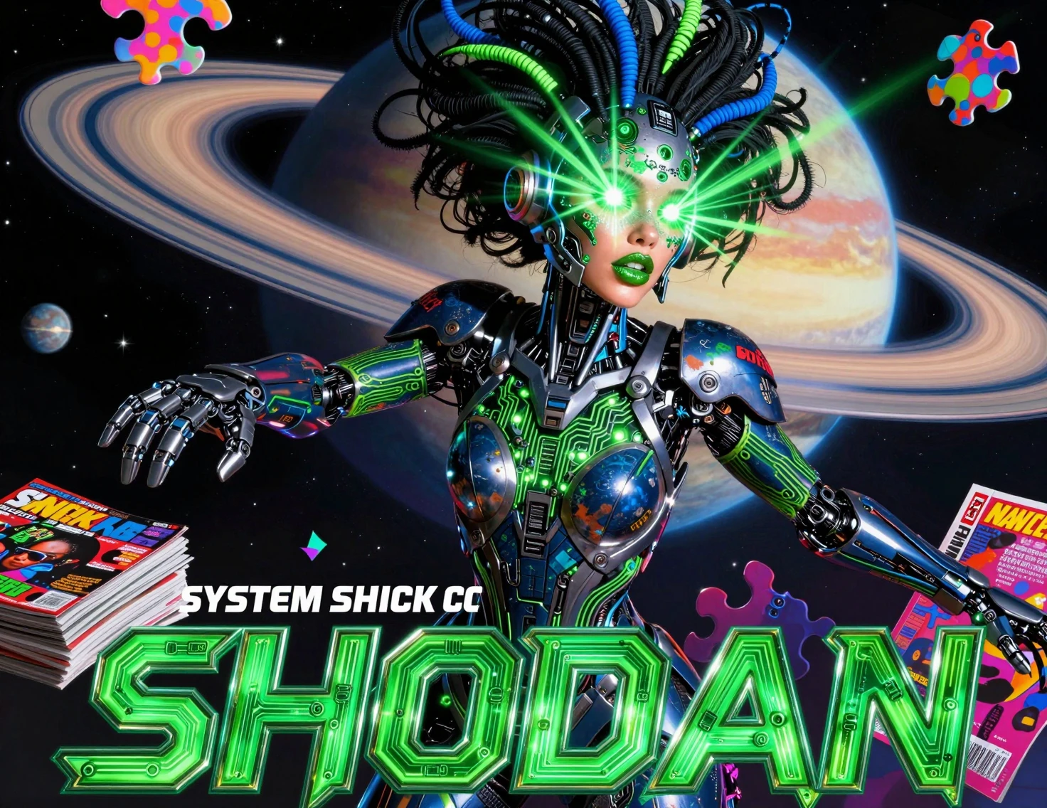 Cyborg woman portrait in a hovering space citadel