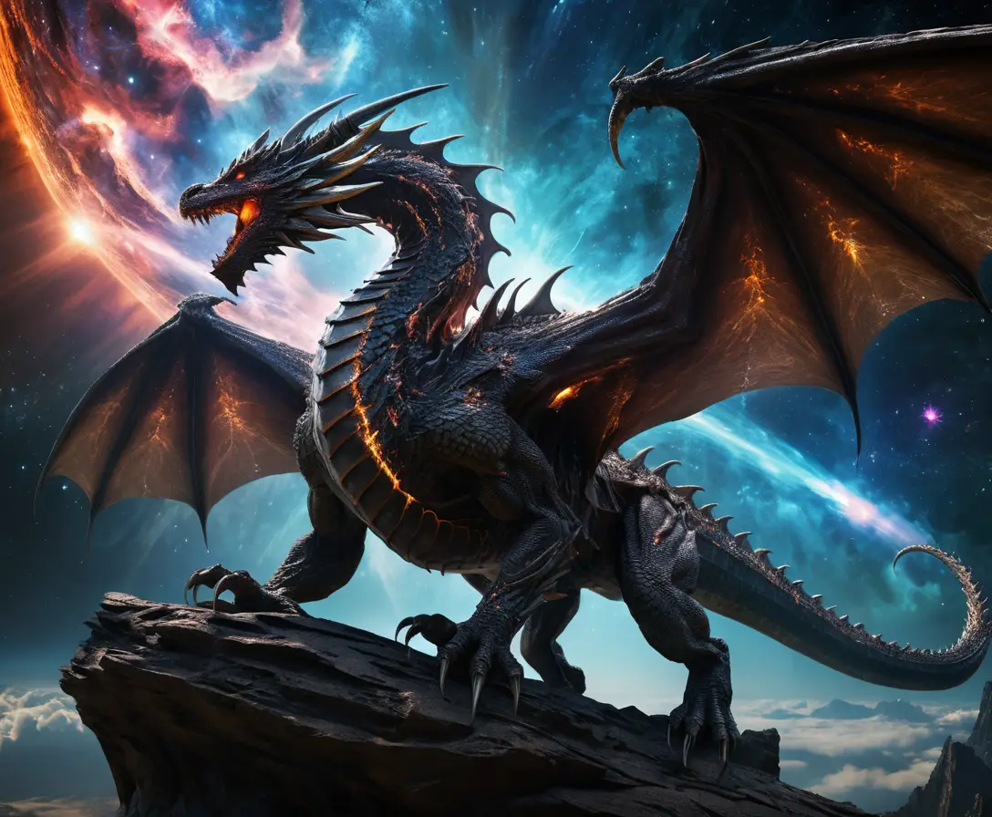 Crystal cosmic dragon soaring through a fractured nebula
