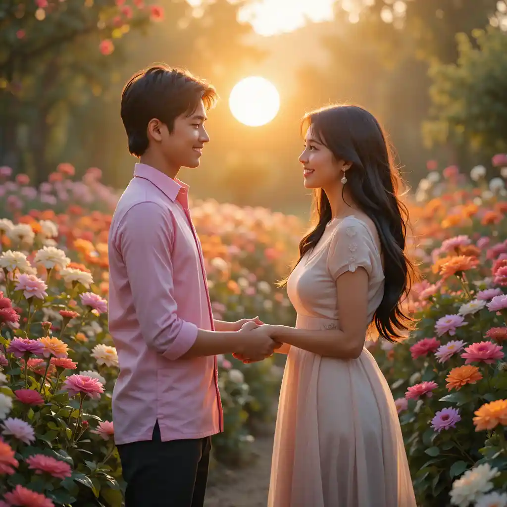 Young couple meeting in a sunrise flower garden