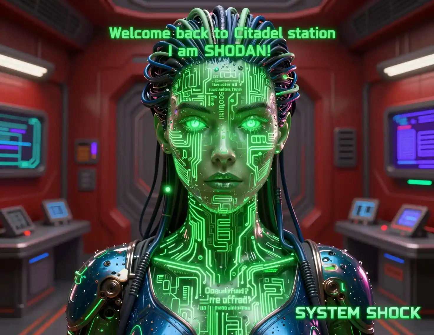 Glowing green cyborg woman in a futuristic control room
