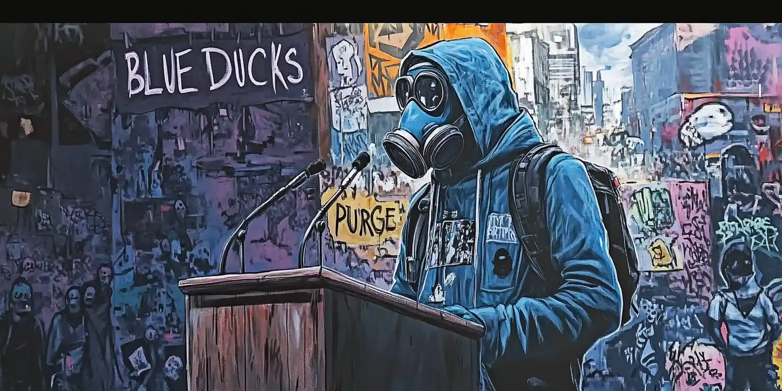Man in duck gas mask at podium in chaotic city