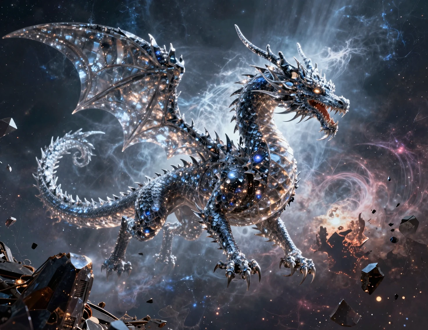 Crystal cosmic dragon soaring through a shattered nebula