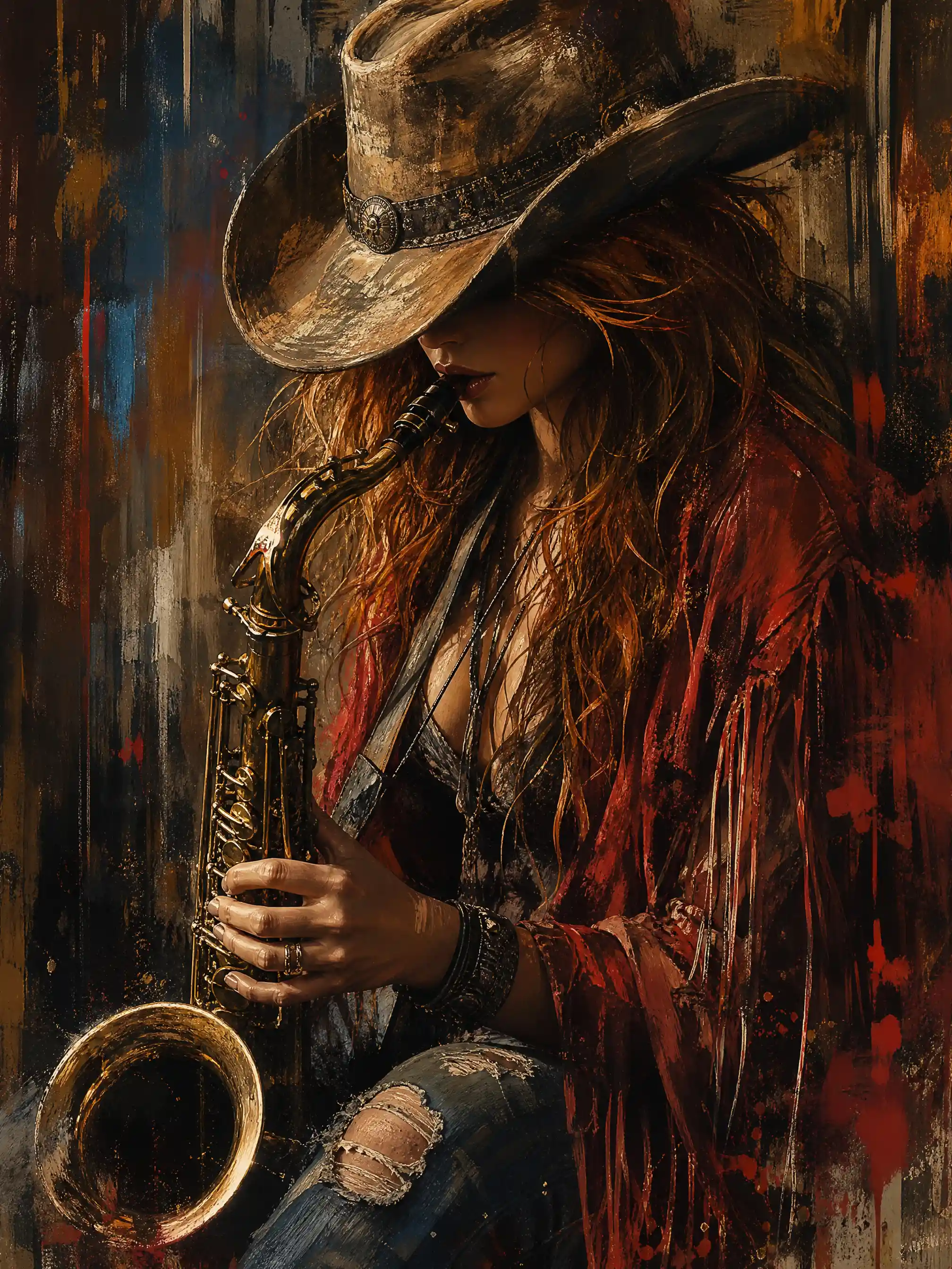 Female saxophone player in shadowed cowboy hat portrait
