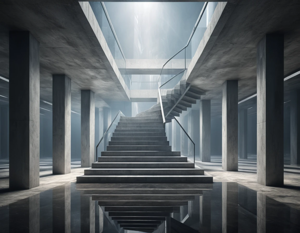 Surreal impossible architecture of folding stairs and mirrored corridors