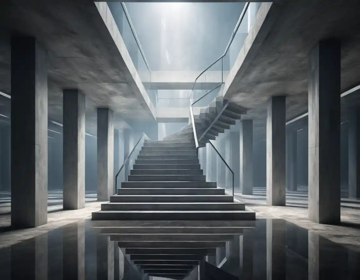 Surreal impossible architecture of folding stairs and mirrored corridors