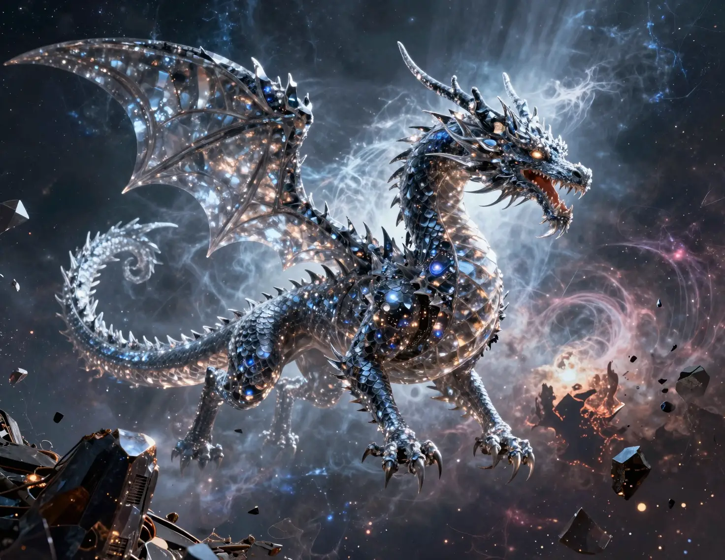Crystal cosmic dragon soaring through a shattered nebula