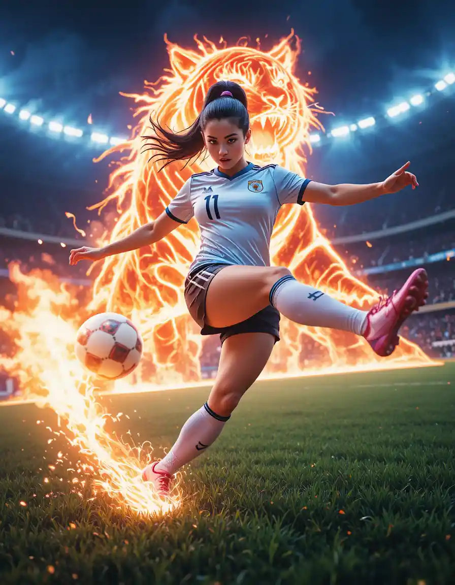 Fiery anime striker unleashing a powerful stadium kick