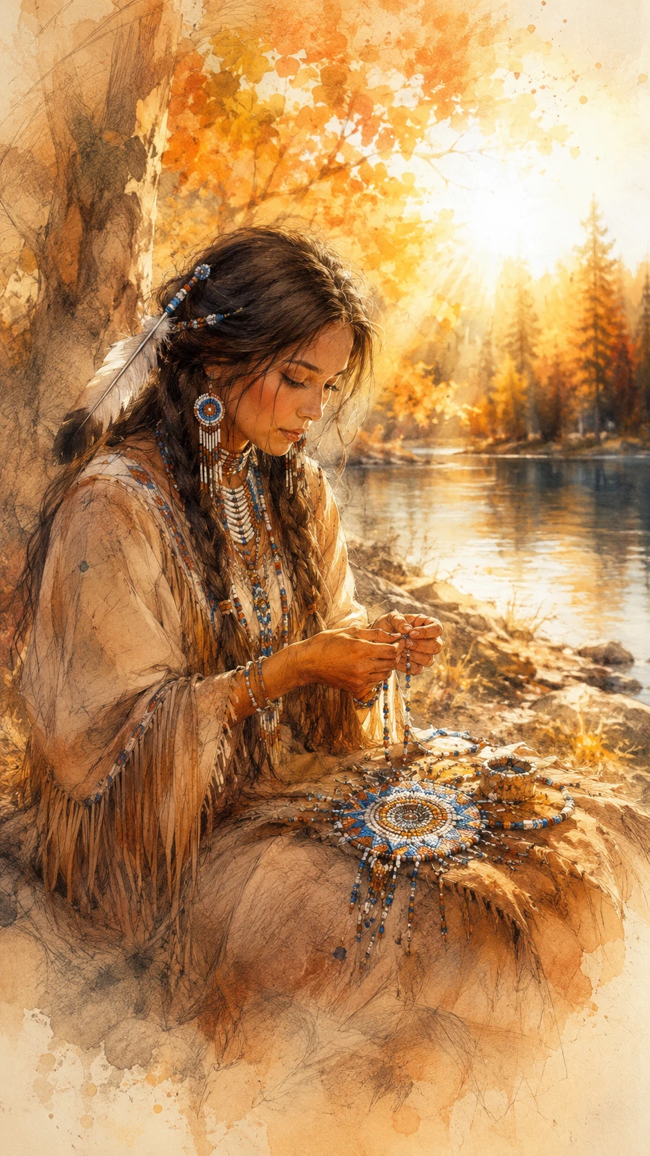 Native woman beading jewelry by a sunlit lakeside forest