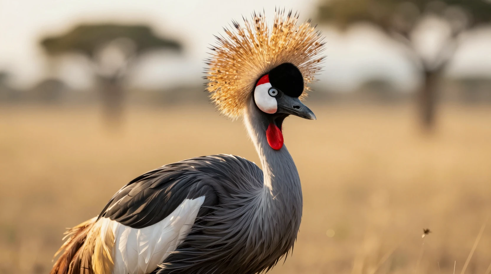 African crowned crane in golden savanna morning light