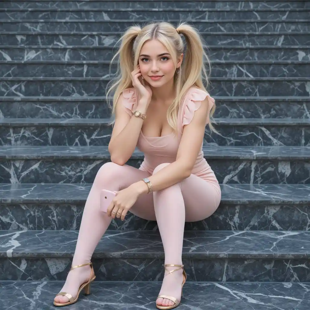 Young blonde woman sitting on dark marble stairs