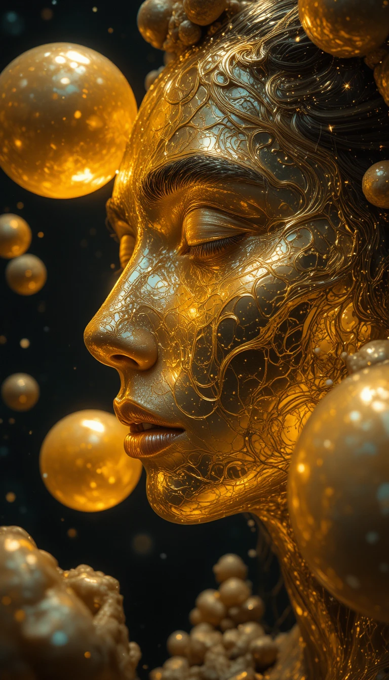 Surreal golden human face emerging from a dark cosmic void