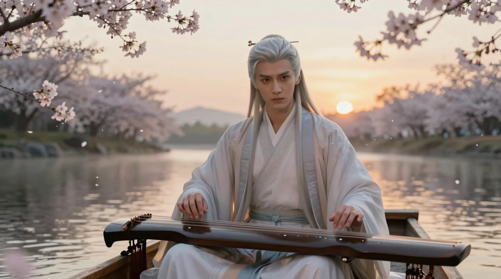 Handsome man playing guqin on a river at sunset