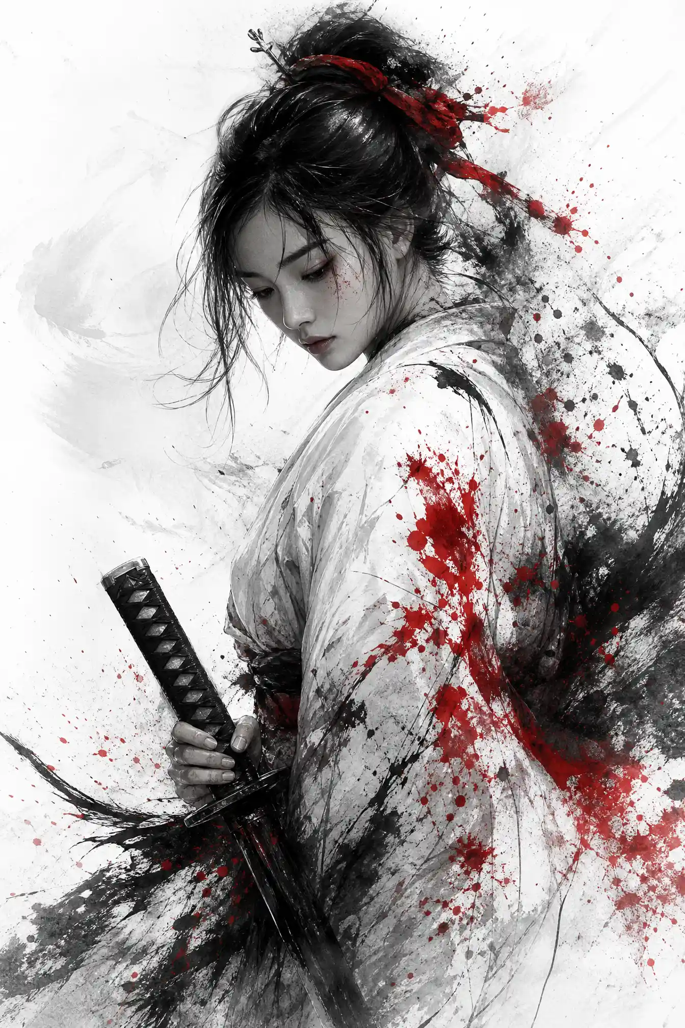 Japanese samurai woman in red ink on white background