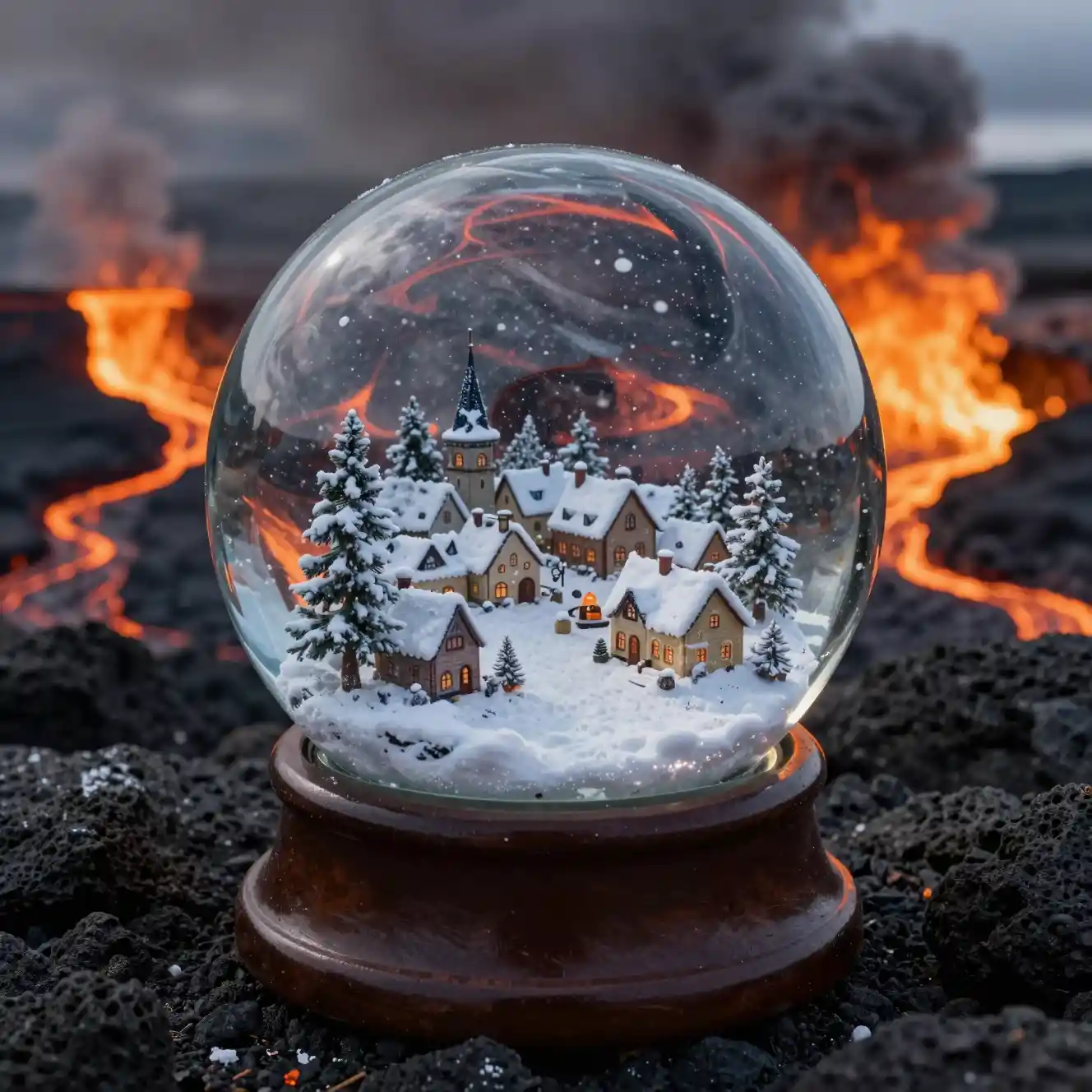 Glass snow globe on dark volcanic rock with lava