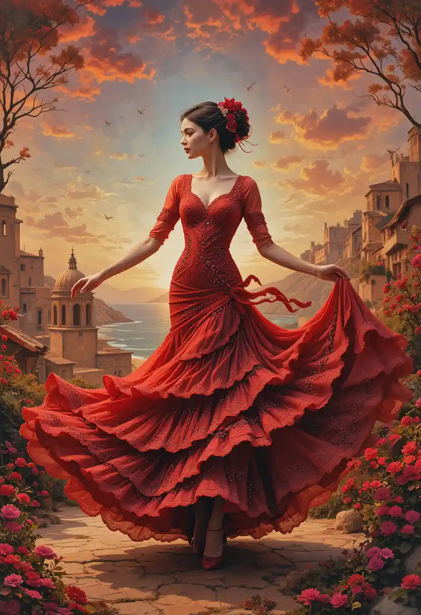 Surreal flamenco dancer in a swirling red dress