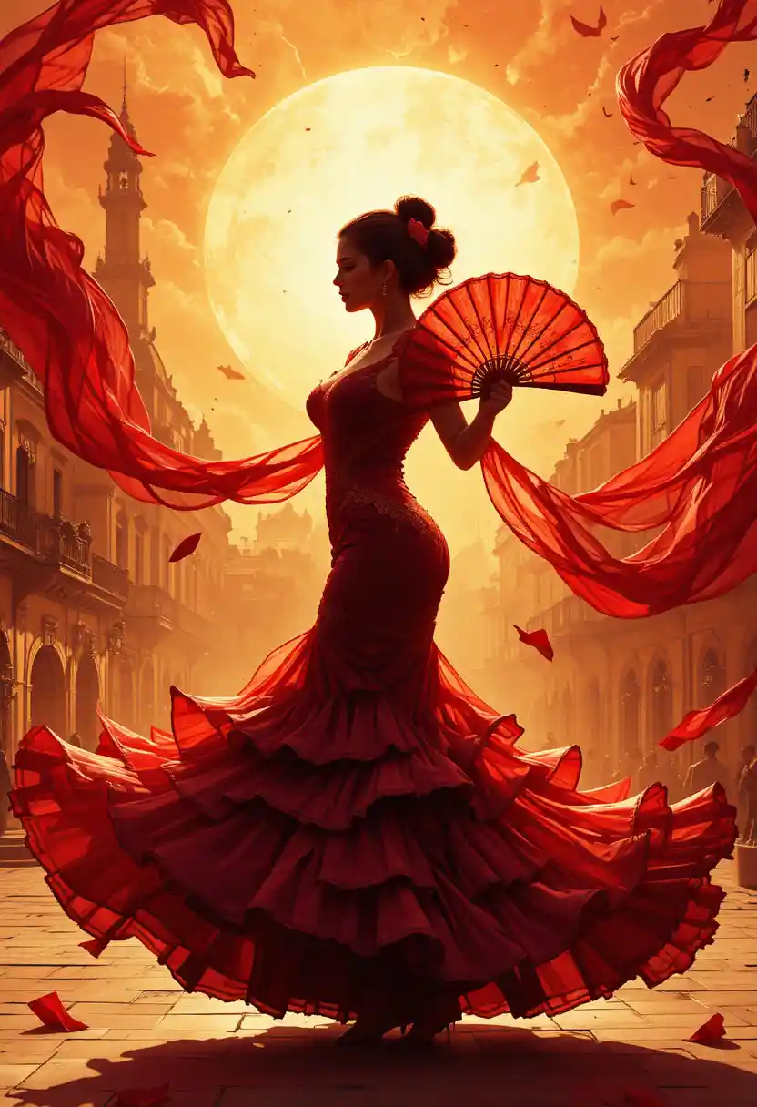 Silhouette flamenco dancer before a glowing Spanish sun
