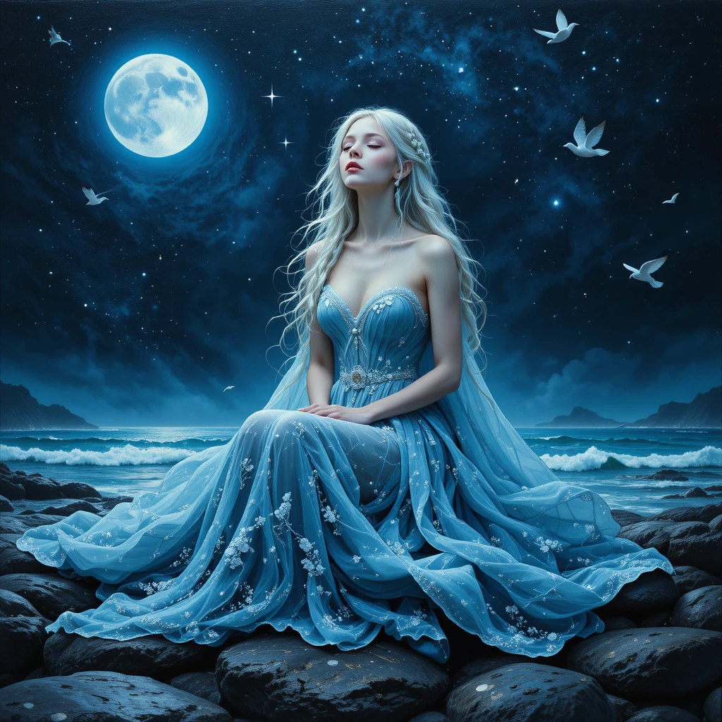 Moonlit siren resting on dark coastal rocks at night