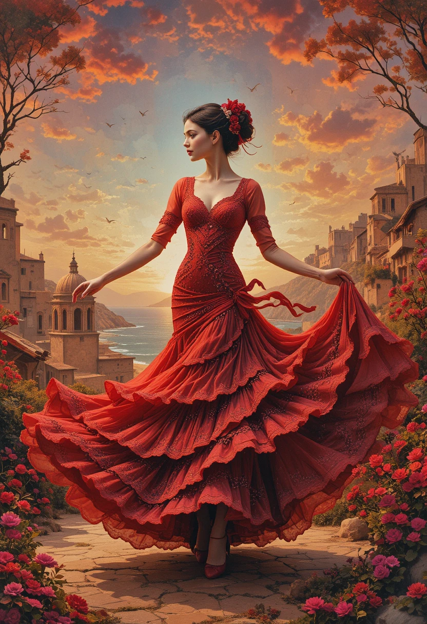 Surreal flamenco dancer in a swirling red dress