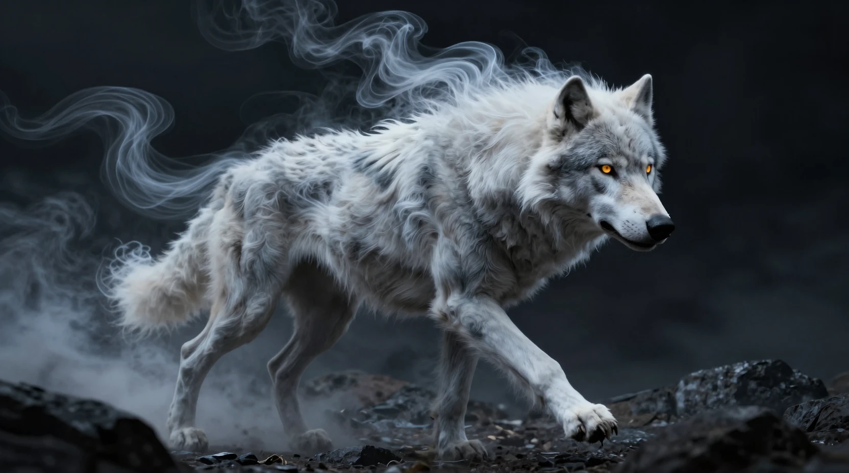 Spectral Smoke Wolf Racing Through Midnight Rocky Wilds