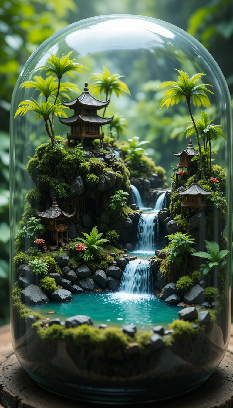 Miniature tropical terrarium with waterfalls and pagoda temples