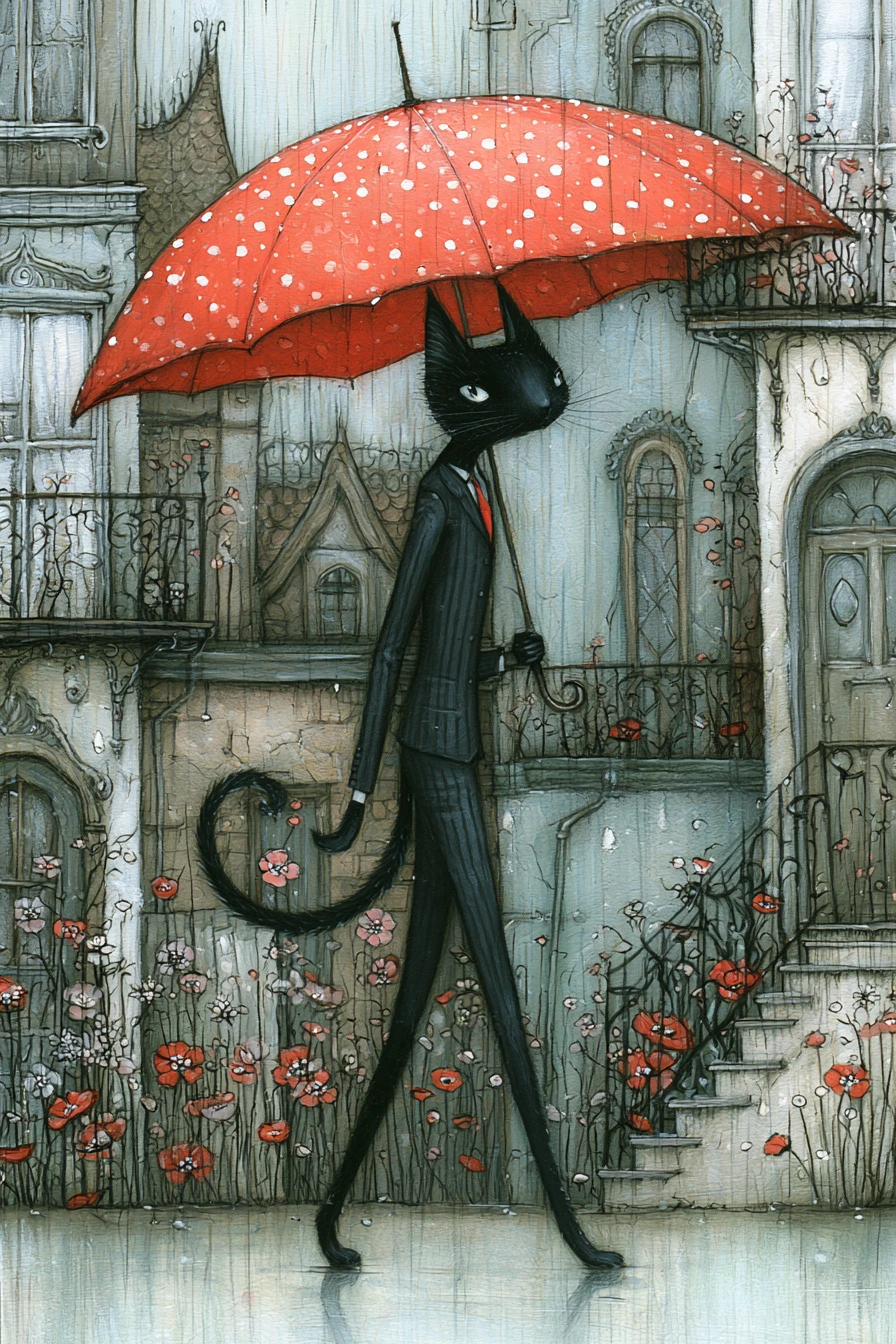 Stylish black cat in a pantsuit walking with red umbrella