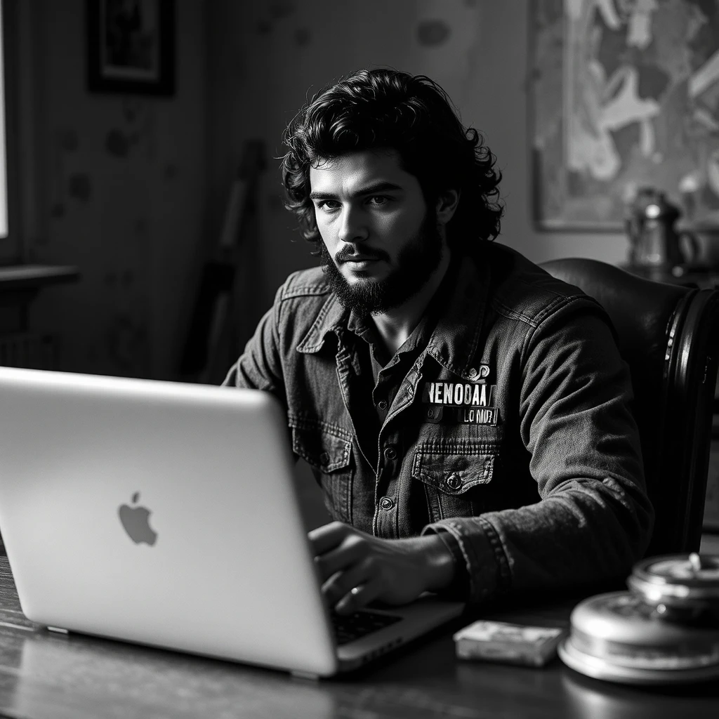 Man resembling Che Guevara on laptop in urban outfit