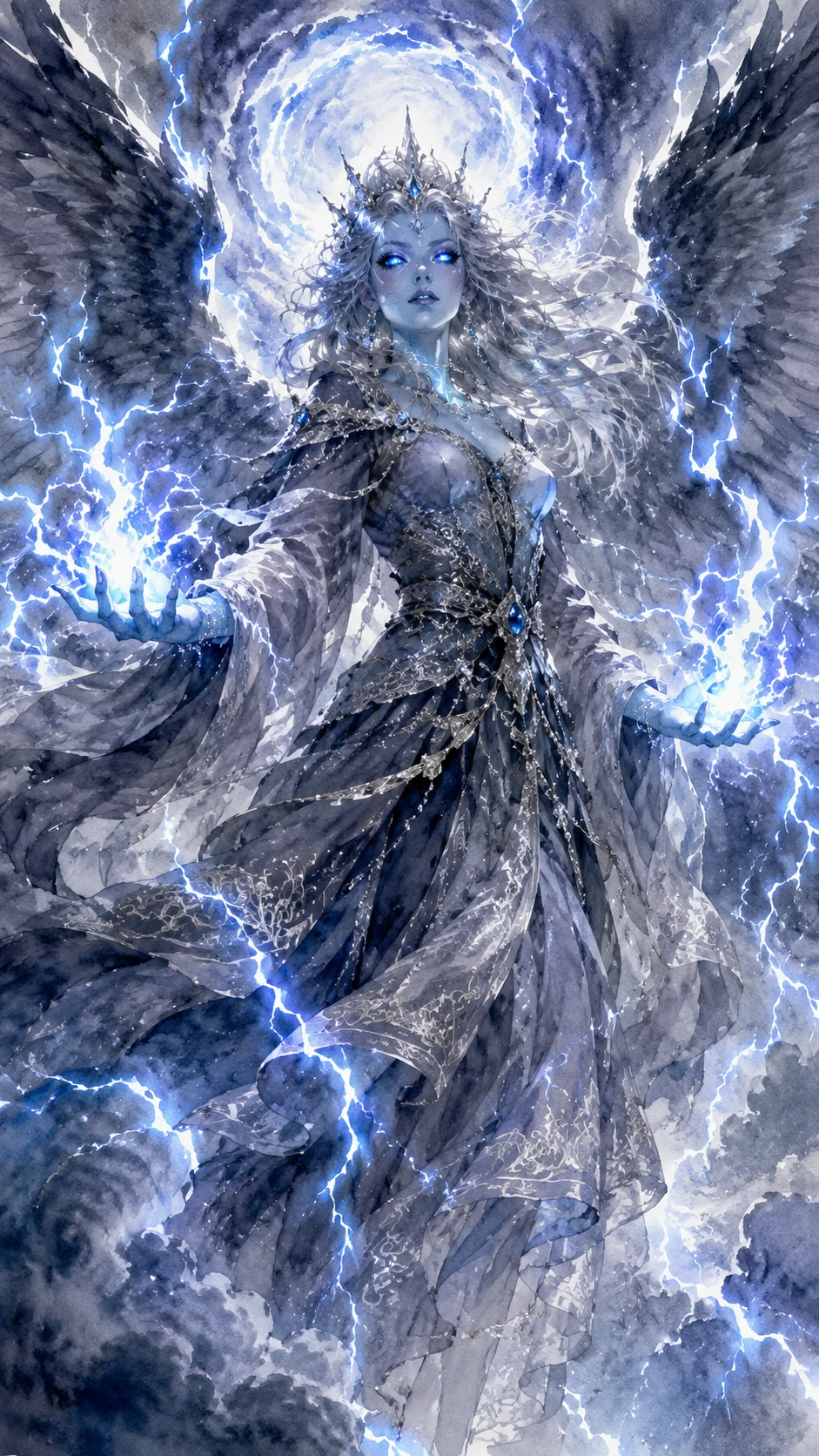 Storm sorceress with lightning and vast feathered wings
